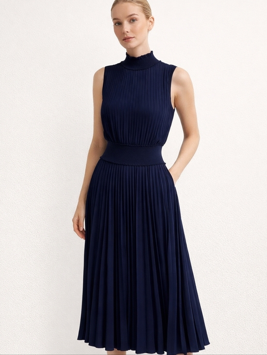 Nanette Lepore Dresses & Skirts - Nanette Lepore Navy Pleated Midi Dress Size 4 Sleeveless High Neck Minimalist